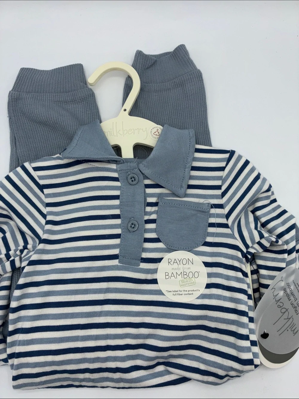 Milkberry Bamboo 2pc Blue White Striped Baby Polo Bodysuit Knit Pants 6-9 Months